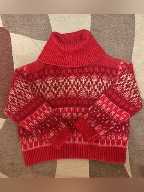 Red Patterned Turtleneck Sweater - Women's Cozy Knit